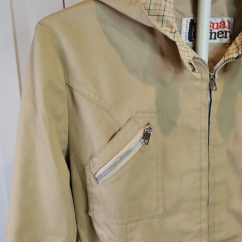 Vintage Casual Corner Tan Utility Jacket with Plaid Hood Kids 11/12 80s